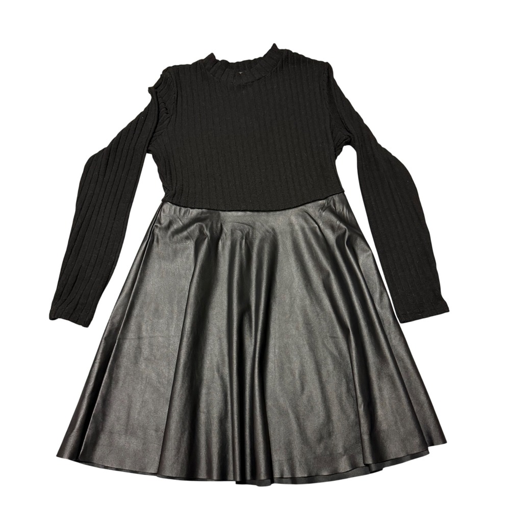 SHEIN Dress Black Ribbed Knit Faux Leather Mixed Media Flare Size Womens L 8/10